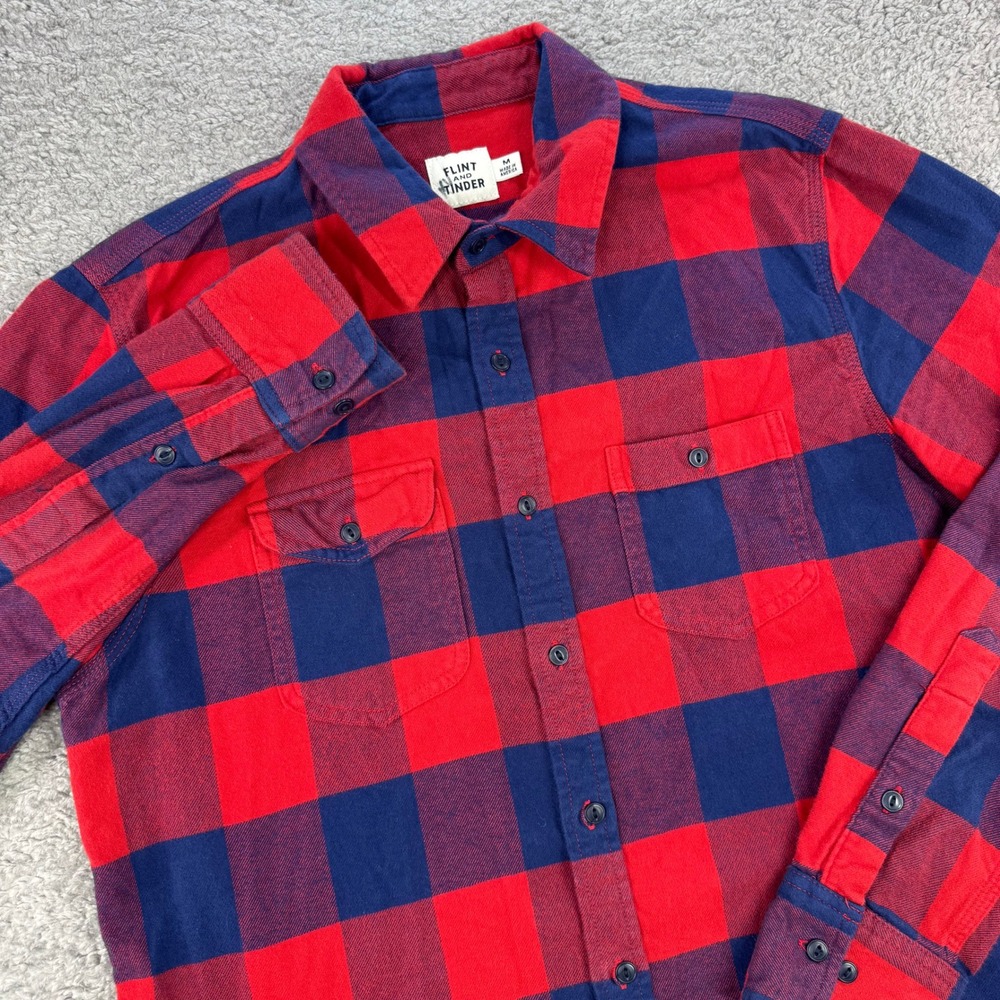 Flint and Tinder Mens Medium Red Navy Buffalo Check Flannel Shirt Made in USA